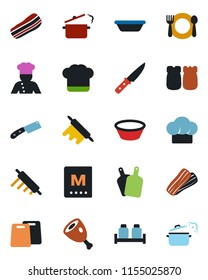 Color and black flat icon set - cook vector, cafe, hat, menu, bacon, salt and pepper, ham, bowl, rolling pin, cutting board, knife, steaming pan