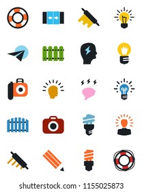 Color and black flat icon set - automatic door vector, brainstorm, bulb, camera, pencil, fence, rolling pin, energy saving, shining head, idea, paper plane, crisis management