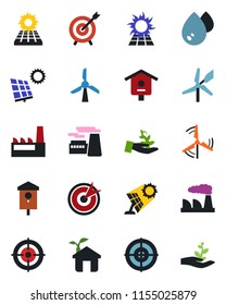 Color and black flat icon set - factory vector, bird house, target, sun panel, windmill, eco, water, palm sproute