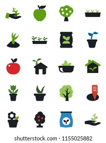 Color and black flat icon set - flower in pot vector, seedling, tree, sproute, plant label, fertilizer, fruit, salad, apple, eco house, palm