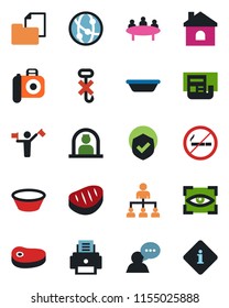 Color and black flat icon set - dispatcher vector, no smoking, reception, hierarchy, meeting, house, folder document, hook, shield, camera, network, speaker, news, printer, steak, bowl, eye scan