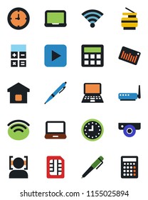 Color and black flat icon set - calculator vector, notebook pc, clock, barcode, laptop, play button, sim, wireless, face id, copier, pen, smart home, router, web camera