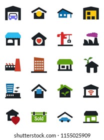 Color and black flat icon set - shop vector, airport building, factory, store, warehouse storage, house with garage, sold signboard, sweet home, city, crane, eco, gate control, storefront