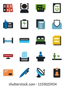 Color and black flat icon set - escalator vector, reception, pen, document, reload, pulse clipboard, office phone, satellite antenna, mail, face id, news, paper binder, tray, bedroom, reserved