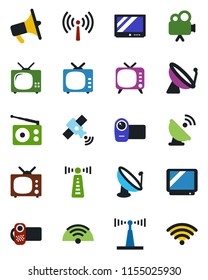 Color and black flat icon set - antenna vector, satellite, radio, loudspeaker, tv, video camera, wireless