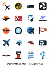 Color and black flat icon set - plane vector, airport tower, radar, departure, wind, helicopter, seat map, globe, air conditioner, fan, paper, balloon