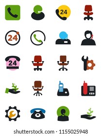 Color and black flat icon set - 24 around vector, office chair, hours, support, radio phone, call, root setup, palm sproute