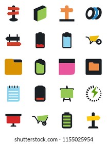 Color and black flat icon set - signpost vector, notepad, presentation board, wheelbarrow, battery, low, folder, charge, blank box, plates, guidepost