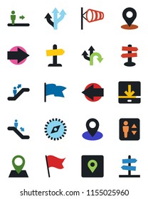 Color and black flat icon set - elevator vector, escalator, right arrow, left, wind, route, signpost, pin, download, place tag, compass, flag, guidepost