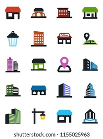 Color and black flat icon set - shop vector, office building, garden light, navigation, store, city house, cafe, storefront