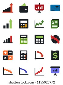 Color and black flat icon set - credit card vector, growth statistic, calculator, crisis graph, receipt, bar, wallet, presentation