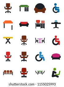 Color and black flat icon set - cafe vector, waiting area, disabled, office chair, desk, picnic table, cushioned furniture, restaurant, man with notebook