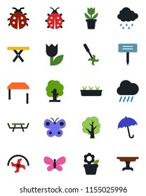 Color and black flat icon set - umbrella vector, flower in pot, ripper, tree, butterfly, lady bug, seedling, rain, plant label, picnic table, tulip