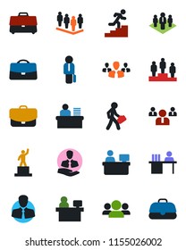 Color and black flat icon set - pedestal vector, team, manager place, client, case, desk, career ladder, company, group