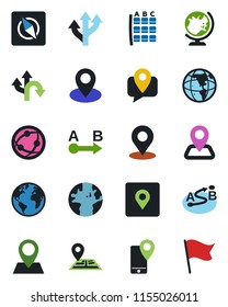 Color and black flat icon set - globe vector, seat map, route, navigation, earth, pin, mobile tracking, network, place tag, compass, flag