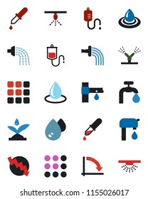Color and black flat icon set - crisis graph vector, watering, water drop, drip irrigation, dropper, menu, supply, sprinkler