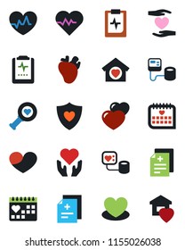 Color and black flat icon set - heart vector, pulse, diagnosis, blood pressure, diagnostic, shield, hand, real, medical calendar, clipboard, sweet home