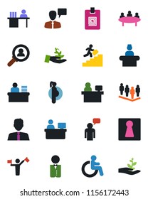 Color and black flat icon set - dispatcher vector, female, disabled, reception, speaking man, team, meeting, manager place, pregnancy, identity card, desk, career ladder, estate agent, waiter