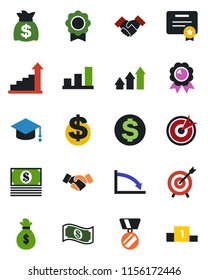 Color and black flat icon set - handshake vector, growth statistic, dollar sign, medal, graduate, money bag, sertificate, bar graph, target, arrow up, crisis, cash, certificate, pedestal