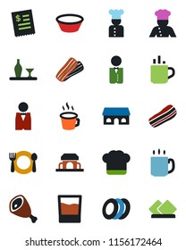 Color and black flat icon set - hot cup vector, coffee, waiter, cook, alcohol, cafe, hat, drink, plates, bacon, building, restaurant receipt, ham, bowl, serviette