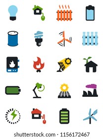Color and black flat icon set - bulb vector, factory, fire, oil barrel, battery, charge, desk lamp, sun panel, windmill, heater, home control, eco house, water, radiator, energy saving