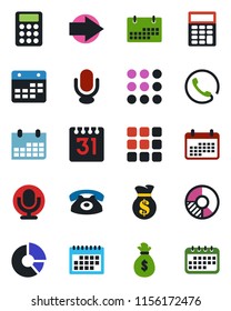 Color and black flat icon set - right arrow vector, calendar, circle chart, microphone, menu, calculator, phone, money bag