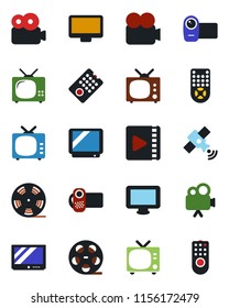 Color and black flat icon set - tv vector, reel, satellite, video camera, remote control, monitor