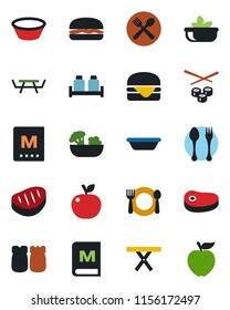Color and black flat icon set - spoon and fork vector, picnic table, cafe, menu, salad, salt pepper, steak, hamburger, bowl, sushi, apple fruit