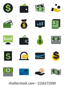 Color and black flat icon set - credit card vector, ticket office, dollar sign, statistic monitor, cash, receipt, wallet, money bag, investment