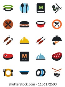 Color and black flat icon set - spoon and fork vector, dish, cafe, menu, plates, waiter, steak, kebab, hamburger, bowl, sushi