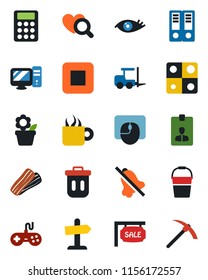 Color and black flat icon set - fork loader vector, identity card, office binder, mouse, flower in pot, bucket, heart diagnostic, eye, gamepad, stop button, mute, application, calculator, sale, pc