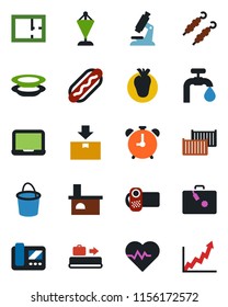 Color and black flat icon set - suitcase vector, baggage conveyor, alarm clock, pennant, notebook pc, bucket, fireplace, heart pulse, microscope, real, cargo container, package, video camera, plan