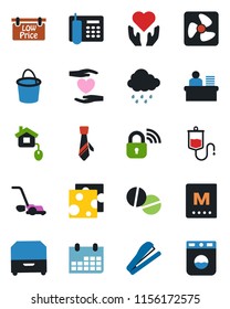 Color and black flat icon set - calendar vector, bucket, lawn mower, rain, dropper, pills, heart hand, office phone, manager desk, tie, archive box, stapler, low price signboard, menu, cheese, fan