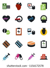 Color and black flat icon set - heart pulse vector, diagnosis, syringe, blood pressure, pills, blister, tomography, real, clipboard, hospital