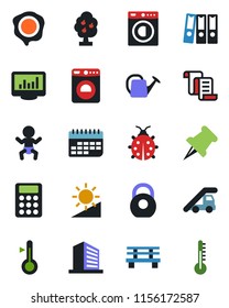 Color and black flat icon set - baby vector, washer, ladder car, contract, office building, stamp, watering can, lady bug, bench, term, heavy, paper pin, brightness, monitor statistics, calculator