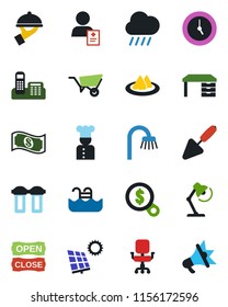 Color and black flat icon set - desk vector, trowel, wheelbarrow, rain, patient, clock, office phone, chair, lamp, pool, sun panel, bathroom, cook, serviette, waiter, open close, water filter, cash