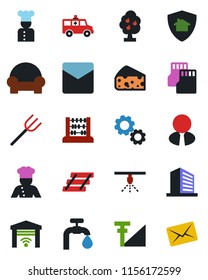 Color and black flat icon set - office building vector, abacus, farm fork, ambulance car, mail, sd, cellular signal, paper tray, water supply, fruit tree, estate agent, cushioned furniture, cook