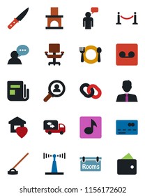 Color and black flat icon set - fence vector, credit card, speaking man, hoe, fireplace, antenna, news, speaker, chain, record, music, office chair, rooms, estate agent, moving, sweet home, cafe