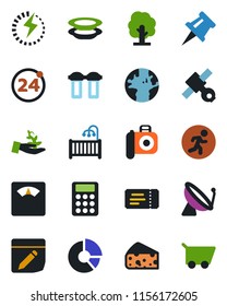 Color and black flat icon set - satellite antenna vector, 24 around, ticket, circle chart, tree, scales, run, earth, camera, notes, charge, drawing pin, calculator, children room, plates, cheese