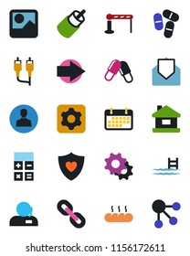 Color and black flat icon set - barrier vector, right arrow, calculator, pills, heart shield, term, chain, mail, rca, gallery, settings, user, support, house, pool, bread, social media