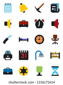 Color and black flat icon set - bed vector, notepad, garden knife, clock, fragile, rack, news, alarm, bell, calendar, case, printer, bathroom, sound, police, office chair, hard work, sand