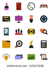 Color and black flat icon set - waiting area vector, mobile phone, pedestal, heart diagnostic, cargo container, back, themes, folder, calendar, presentation board, target, estate search, wireless