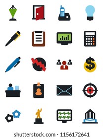 Color and black flat icon set - gear vector, mail, dollar sign, pedestal, pennant, team, pen, crisis graph, bulb, monitor pulse, clipboard, radio phone, statistics, manager desk, target, door