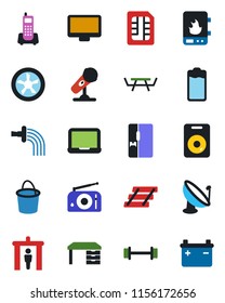 Color and black flat icon set - security gate vector, desk, notebook pc, bucket, watering, picnic table, barbell, office phone, satellite antenna, microphone, radio, monitor, speaker, battery, sim