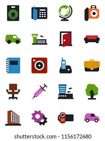 Color and black flat icon set - globe vector, airport building, office, tree, syringe, camera, video, radio phone, speaker, mobile, settings, copybook, chair, cushioned furniture, door, case, car