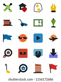 Color and black flat icon set - plane vector, pennant, mouse, lawn mower, molecule, play button, record, download, ink pen, plan, office building, estate search, sweet home, city house, ladle, flag