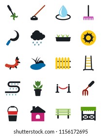 Color and black flat icon set - fence vector, flower in pot, garden fork, rake, ladder, bucket, house, seedling, water drop, sun, rain, hoe, sickle, bench, caterpillar, pond, drip irrigation, ripper