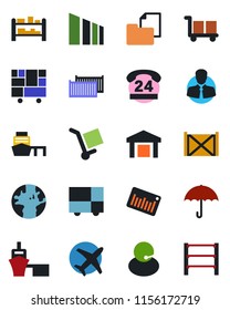 Color and black flat icon set - earth vector, plane, 24 hours, support, client, cargo container, sea port, consolidated, folder document, umbrella, warehouse, sorting, barcode, rack