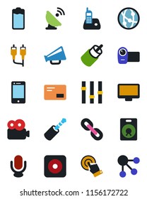 Color and black flat icon set - satellite antenna vector, loudspeaker, settings, video camera, microphone, network, cell phone, touch screen, monitor, radio, chain, speaker, battery, mail, rca