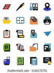 Color and black flat icon set - contract vector, pen, document, pin, folder, clipboard, paper clip, news, search, binder, printer, tray, copier, plan, plane, certificate
